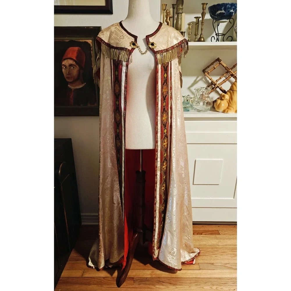 Antique Gothic Liturgical Chausable Cope Hand Painted Gold Boullion Fringe Silk